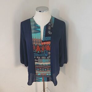 Pink Owl Apparel Women's Navy Blue Geometric Print V-Neck 3/4 Sleeve Tunic Top M